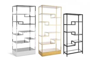 collection of gold, silver, and black multi shelf backbar for display of bottles