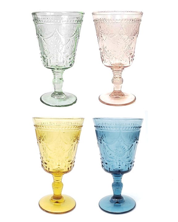 Multi colored glass goblets pink blue green amber