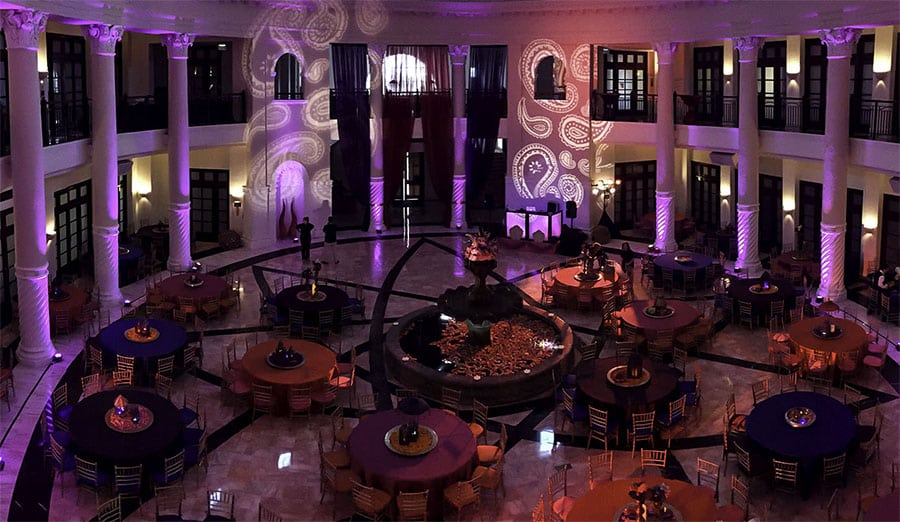 Party Hall Bathed in Colorful Mood Lighting rented hall for large party decorated with colorful mood lighting