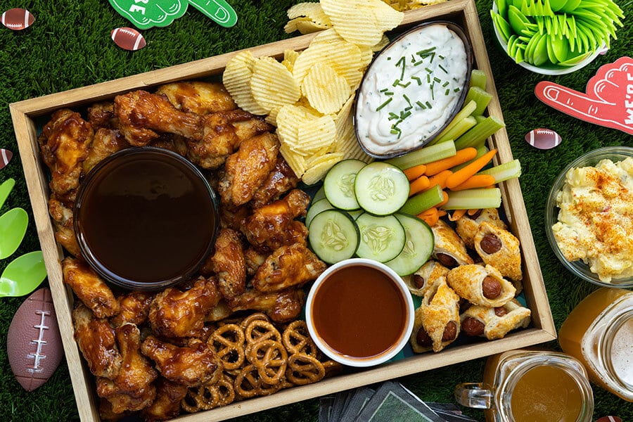 super bowl party food tray filled with snacks