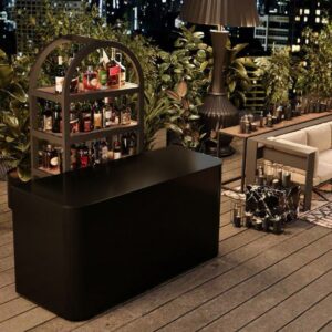 COMING SOON – Black Stained Red Oak Waverly Bar in a party setting black stained red oak bar party setting