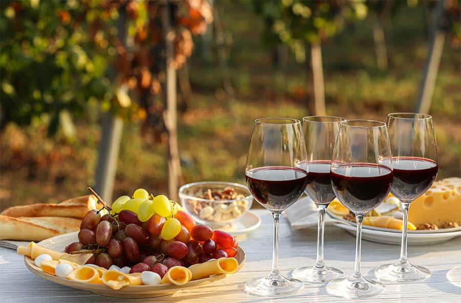 Outdoor wine and cheese table display with hors d'oeuvres and wine glasses table linen and serving trays