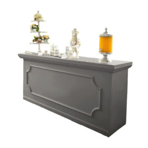 Frost Grey Filigree Bar Frost grey filigree bar with decorative paneling, styled with glassware and beverages
