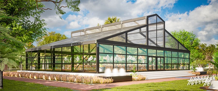clear high-peak pavillion tent exterior view