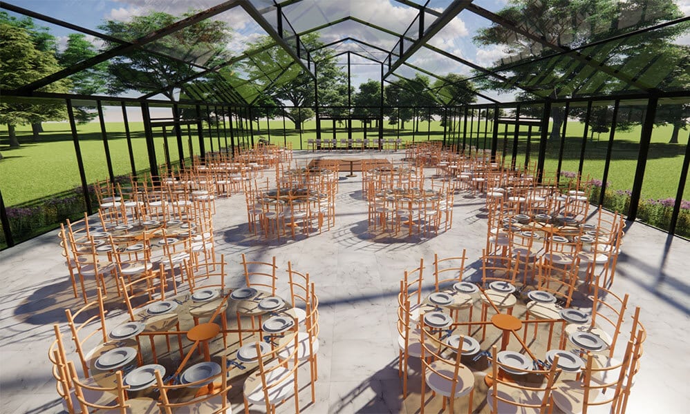 clear high-peak pavillion tent interior with form table settings