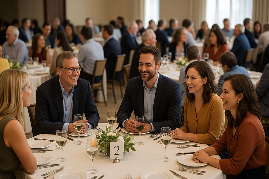 indoor event with group of guests seated at round table