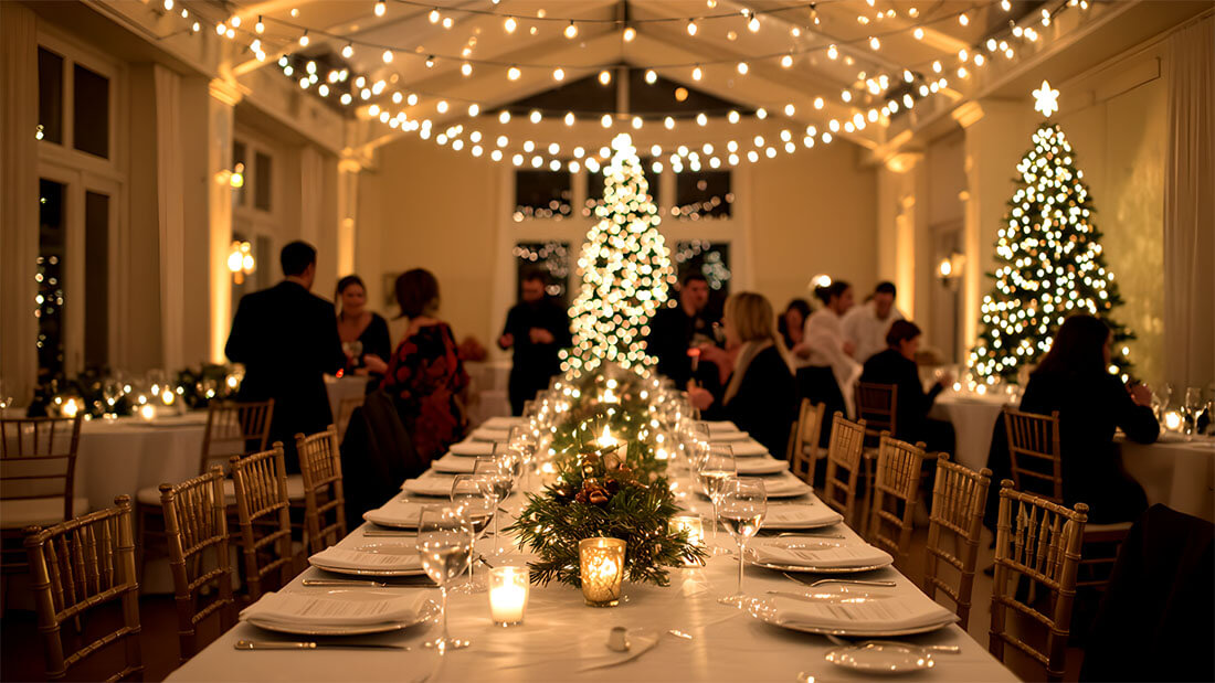 Holiday party rentals banner with festive tables, chairs, string lights, and seasonal décor in a warm event space