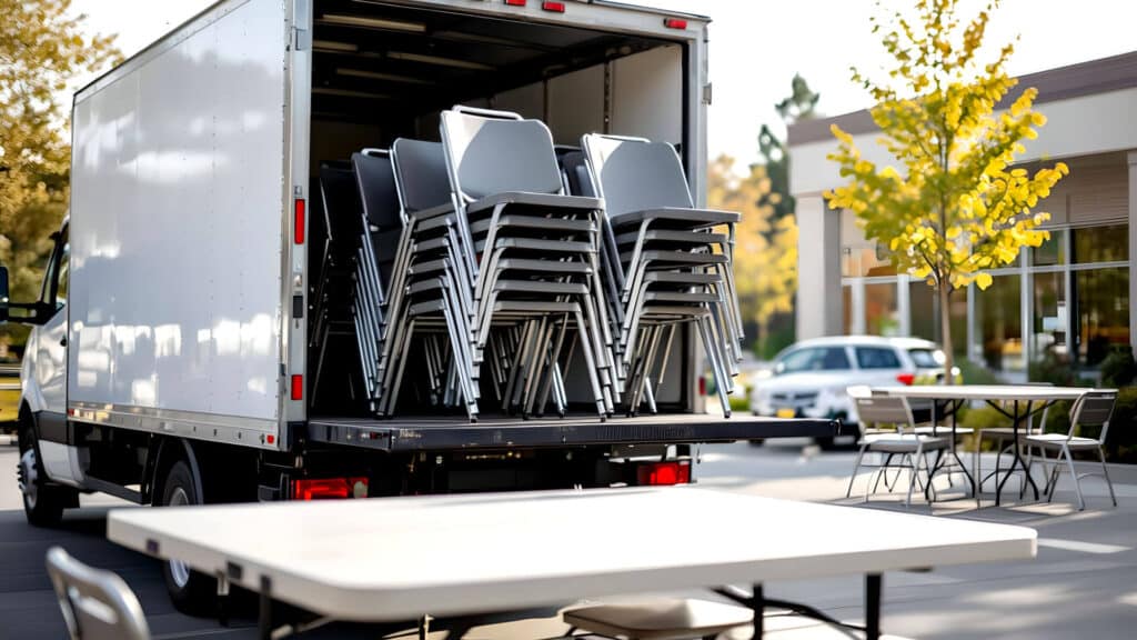 chair rentals being unloaded at event from delivery truck 