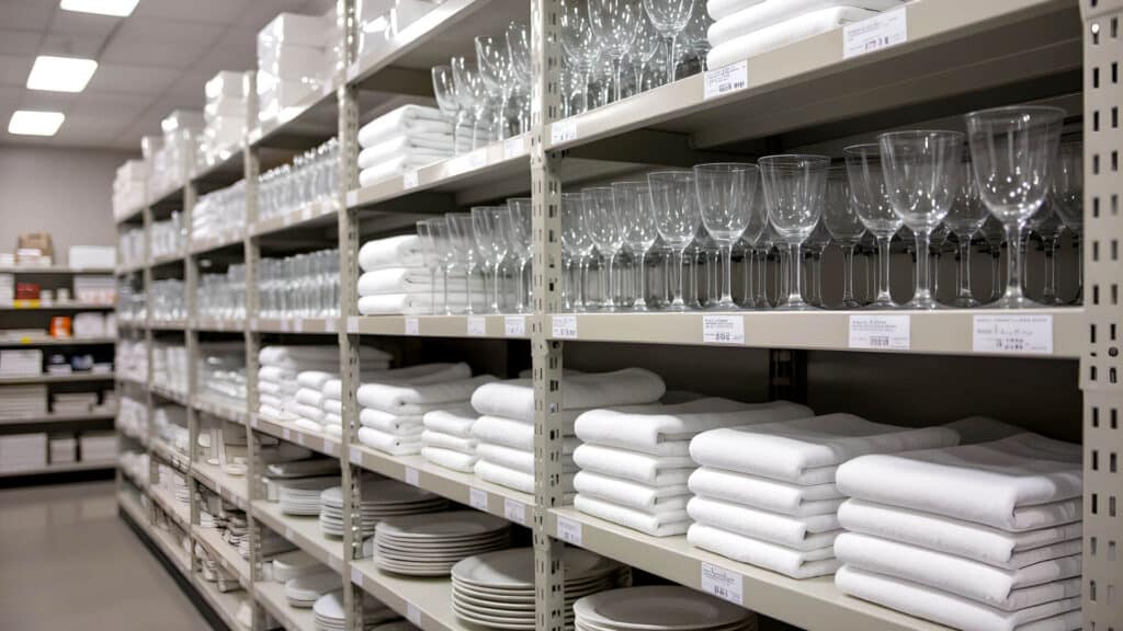 glassware and linen rentals organized in rental company warehouse