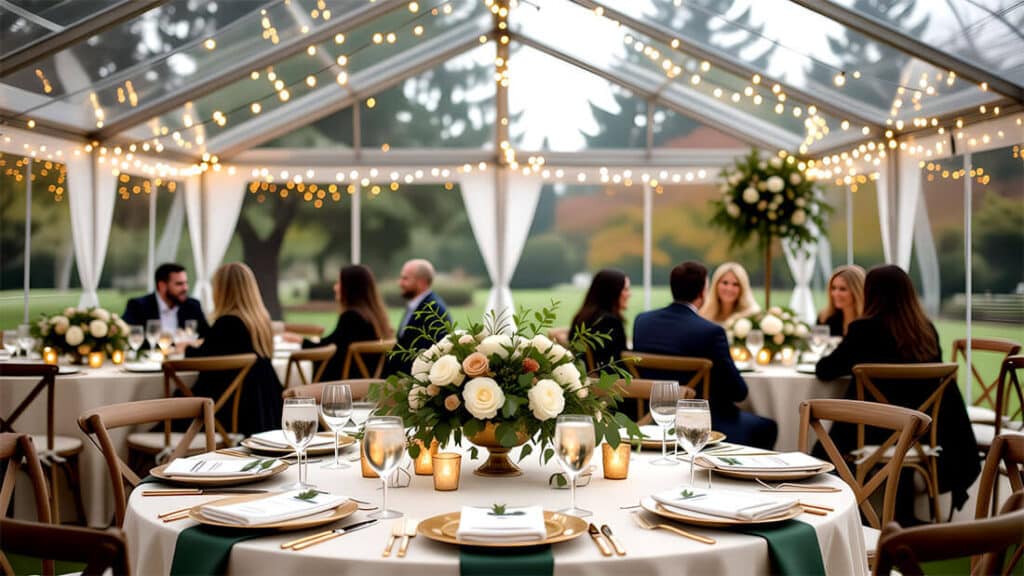 Stylish event table setup with coordinated linens, gold accents, and candles beneath clear-top tent in the bay area