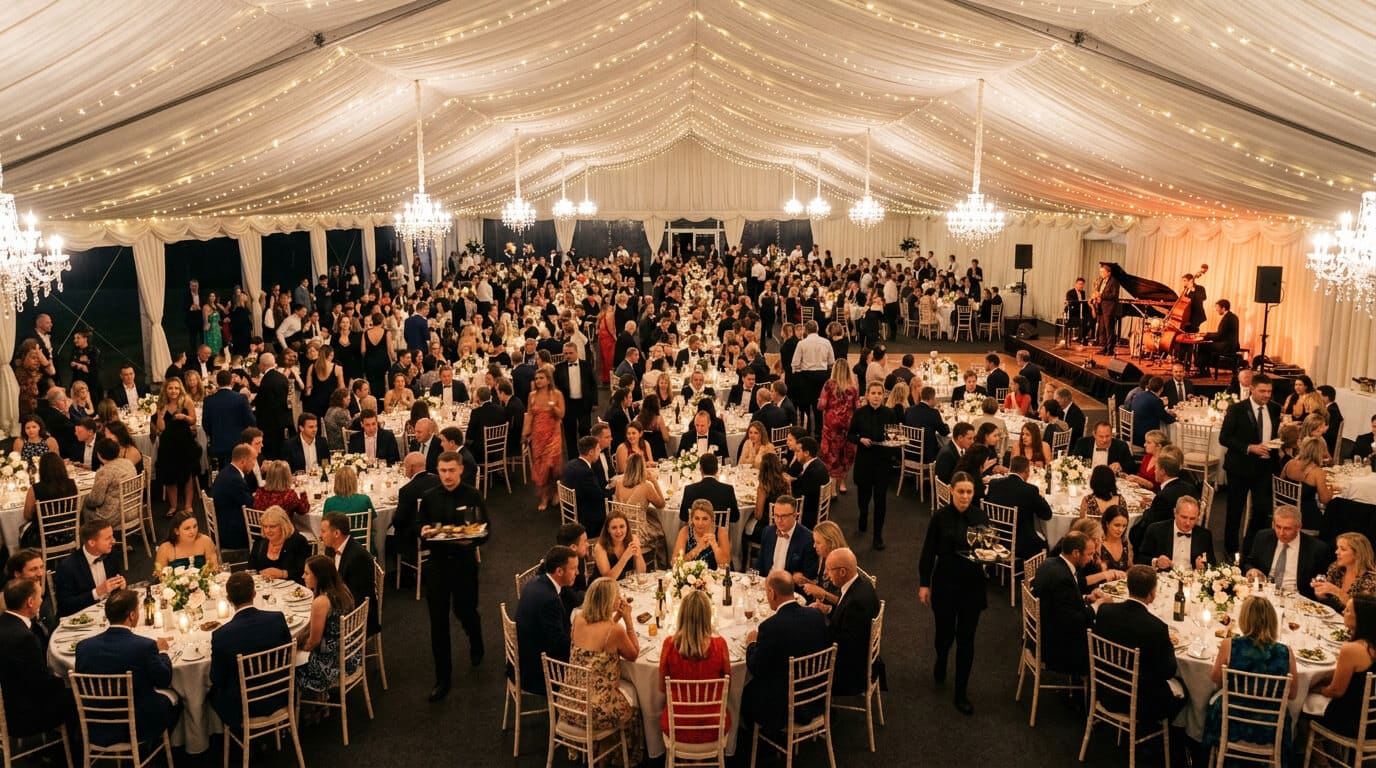 high angle view of a big event tent filled with several hundred guests seated at round banquet tables during an elegant evening dinner party