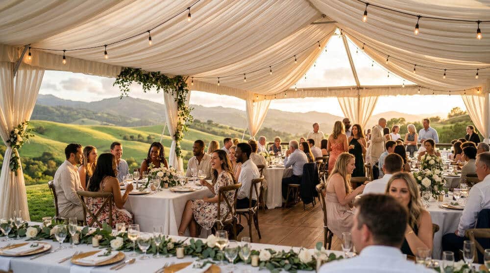 How Far in Advance Should You Reserve Party Rentals? Elegant outdoor party under a white frame tent at golden hour with round tables, white linens, and string lights, California hills in the background